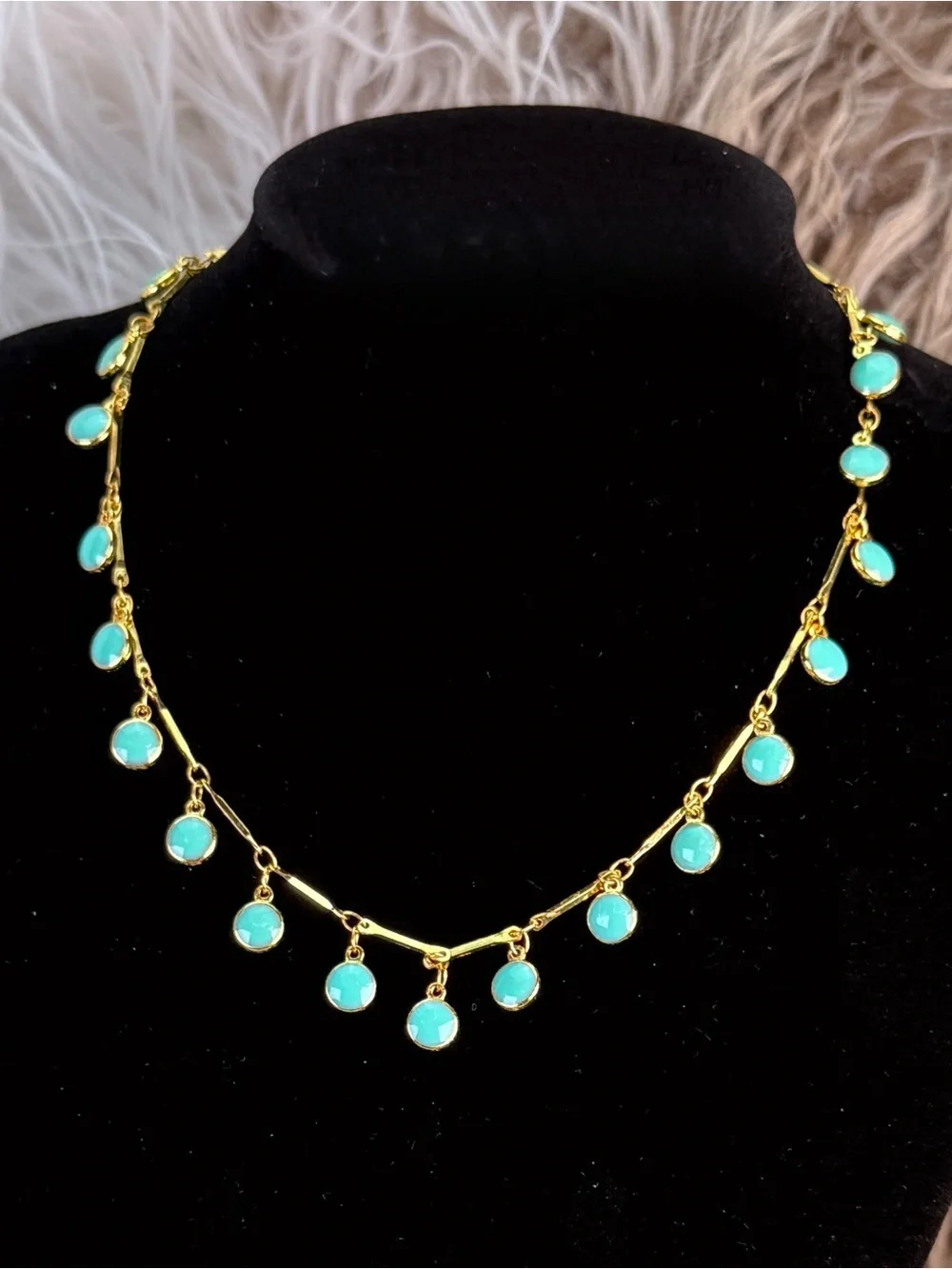 Turquoise Color Gold Tone Bezel Drop Station Necklace Adjustable Dangle Jewelry